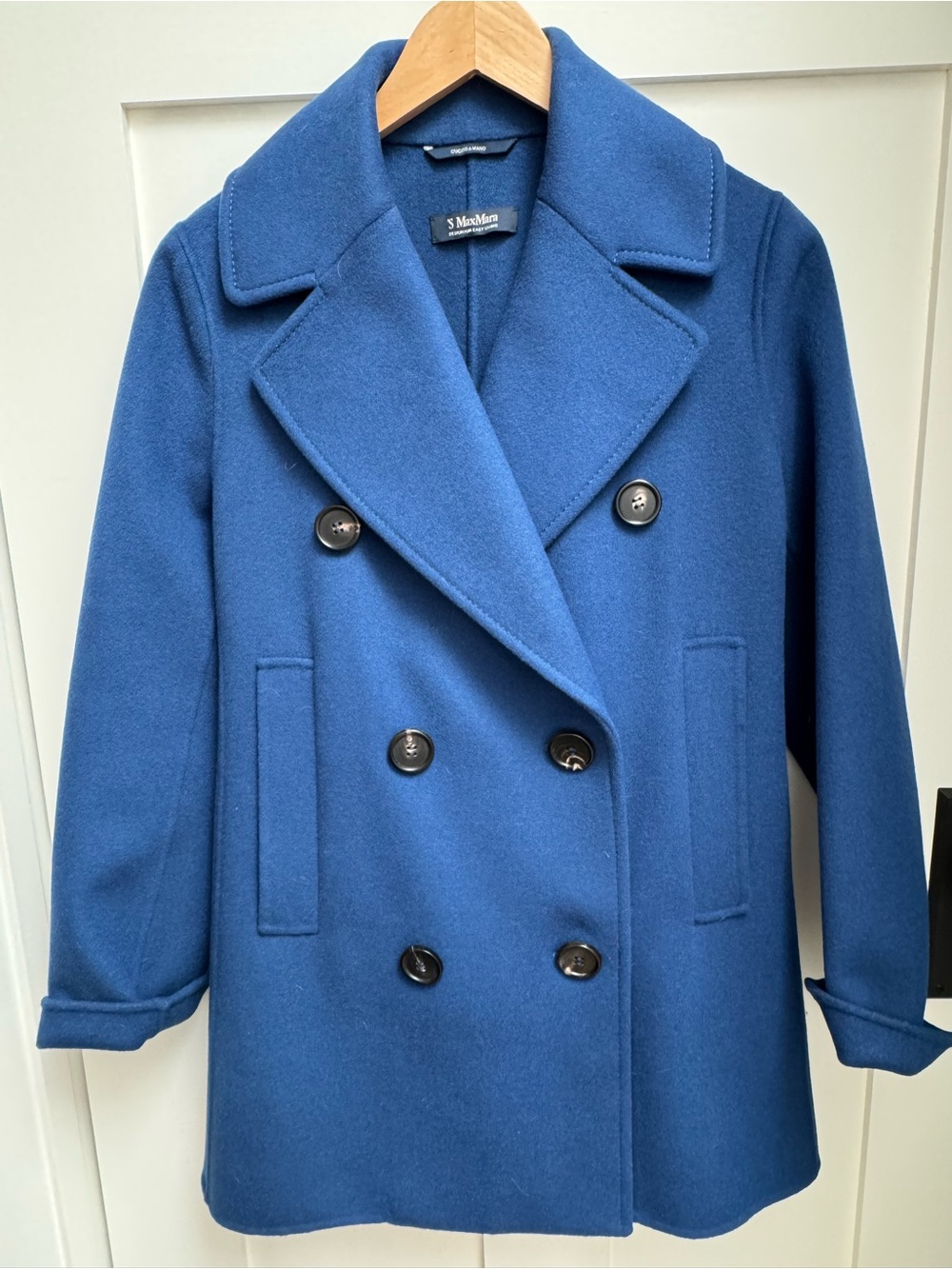 S' MaxMara Blue Double-Breasted Wool Pea Coat